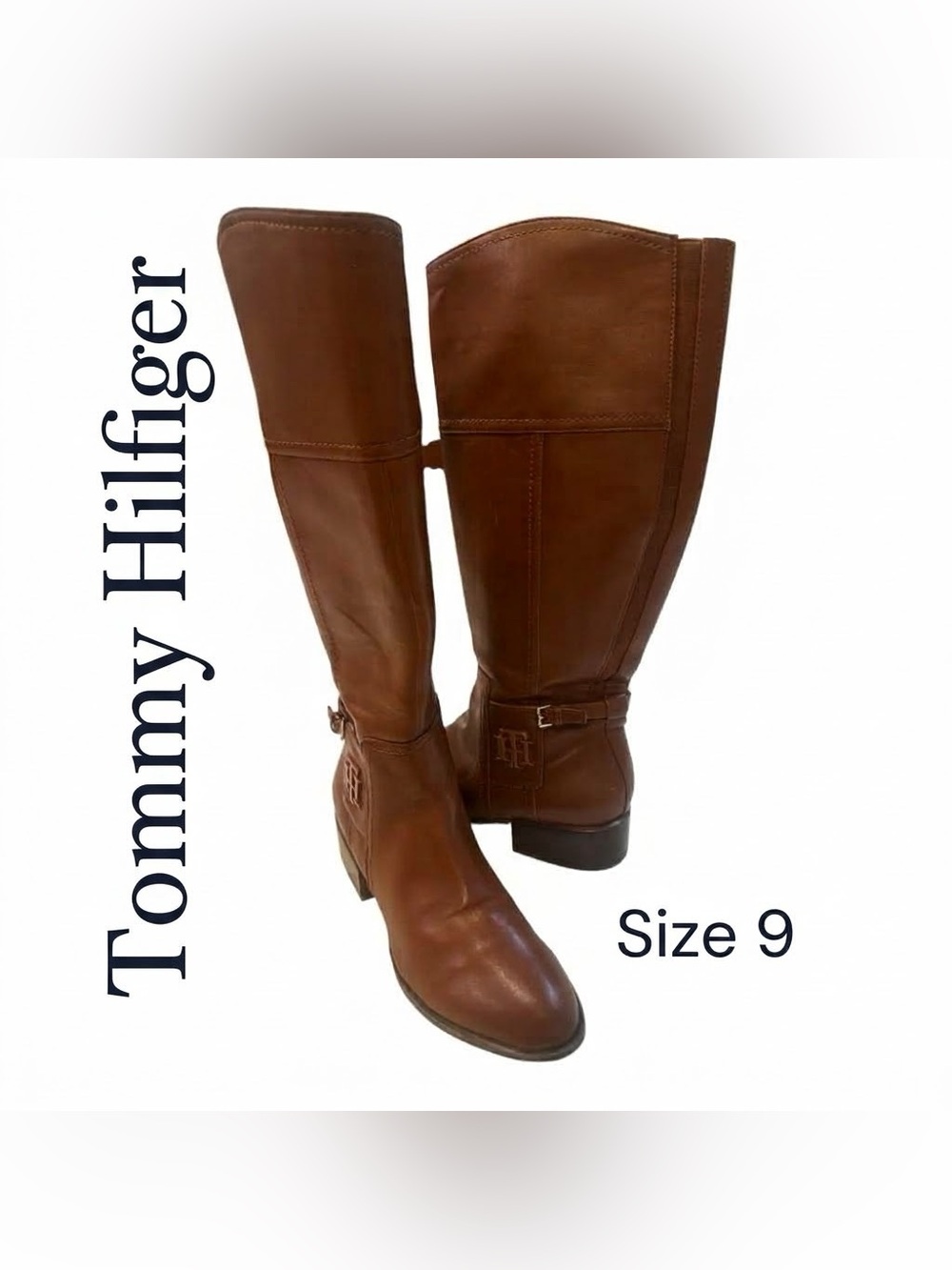 Tommy Hilfiger Cognac Brown Leather Riding Boots Ankle Strap Buckle Sz 9 EUC